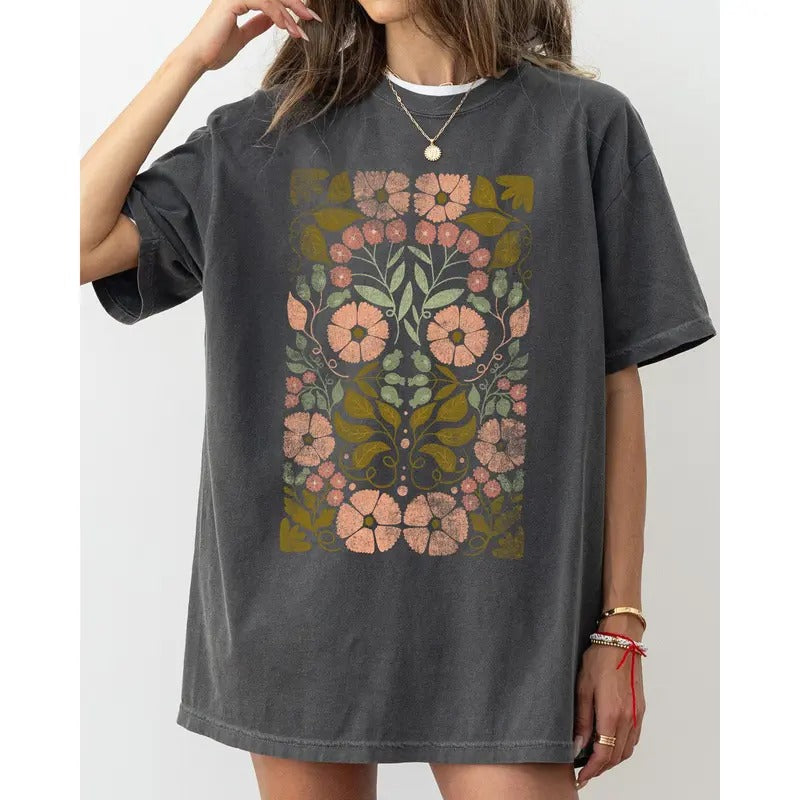 Fall Folk Art Flowers, Botanical, Simplicity, Autumn, Thanksgiving, Halloween, Floral Shirt, Women's Comfort Color Tee,...