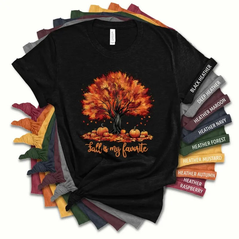 Fall Is My Favorite Tree T-Shirt | Autumn Fall Leaves Trees Pumpkins | Cozy Gift For Her | Trendy Fall Season Graphic Tee Shirt For Women