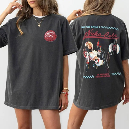 Fallout Graphic T-Shirt, Retro Nuka Cola Bottle Cap with Vintage Ad on Back, Video Game Shirt, Fall Out Vault Tec Memorabilia Merch Tee