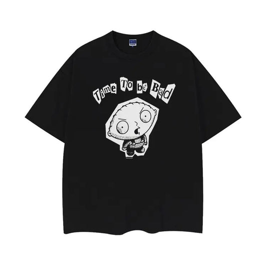 Family Guy "Time to Be Bad" Vintage Oversized Tee Anime T-shirt 100% Cotton Original Design DTG Printing Top Casual Black Man Overshirt Crew Necks