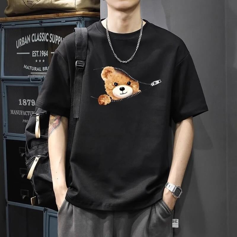 Fashion Zipper Bear Printed Short Sleeve T-shirt 2025 Cool Casual Couple Outfit round Neck Half Sleeve