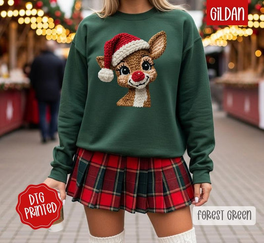 Faux Crochet Rudolph Sweatshirt, Trendy Women's Christmas Crewneck T-Shirts, Hoodie | InkThreadWorks.com