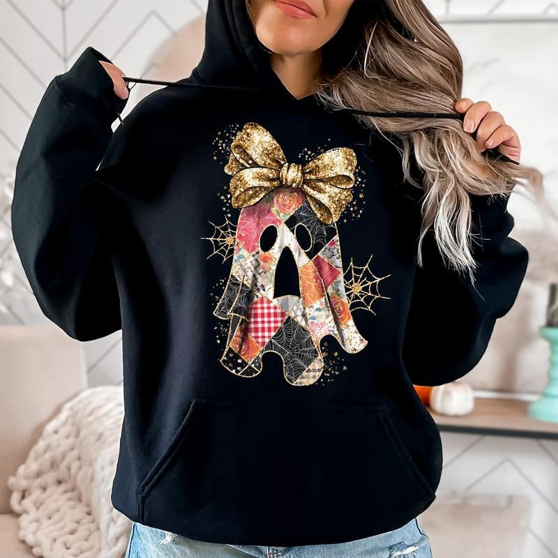 Faux Glitter Patchwork Ghost Shirt, Patchwork Ghost, Glitter Ghost, Spooky Season, Coquette Ghost, Graphic Hoodie, Hooded Sweatshirt