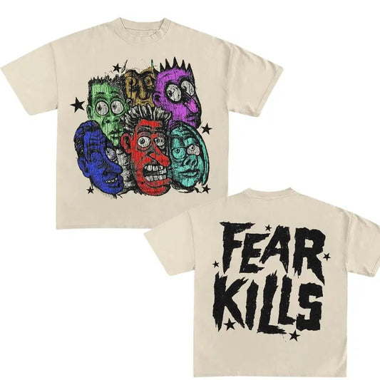 Fear Kills Print Short Sleeve T-Shirt - Double Sided Prints Vintage Bootleg T-Shirt, Trendy, Cotton Casual Crew Neck...