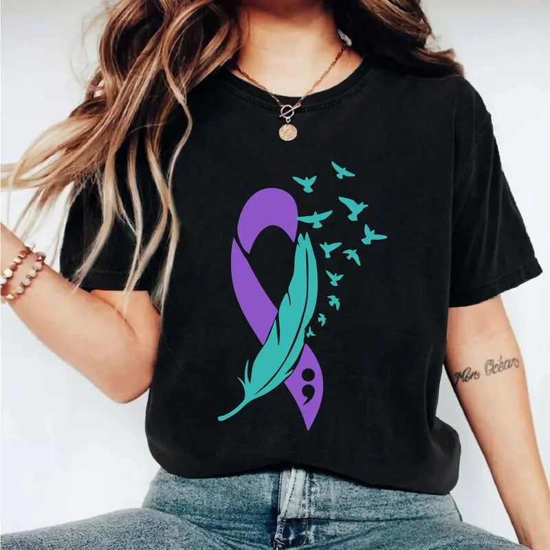 Feather Suicide Prevention Awareness T-Shirt, Mental Health Shirt, Teal Purple Ribbon Tee, Suicide Awareness Ribbon Tee,...