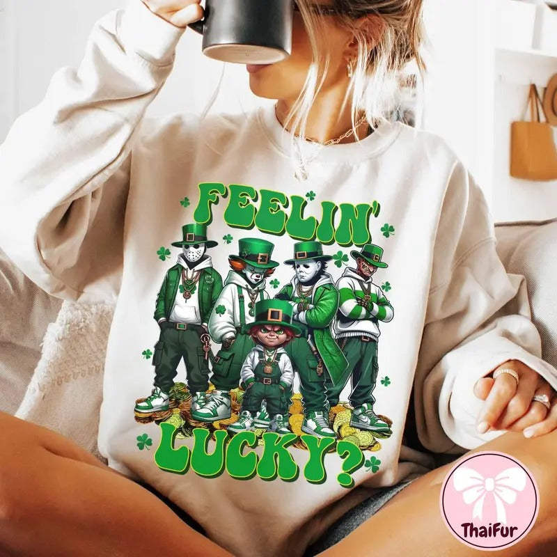 Feelin Lucky St. Patrick’s Day Sweatshirt, Shamrock Patrick Day Tee, Horror Movie, Horror Feeling lucky Gift