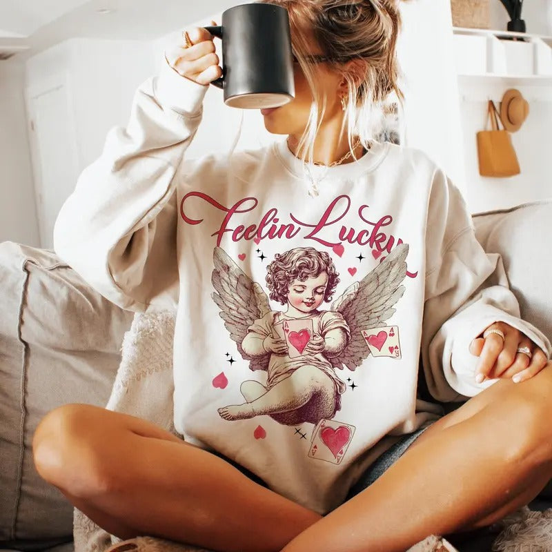 Feeling Lucky Sweatshirt, Cupid Valentines Sweatshirt, Valentines Day, Funny Vday Sweatshirt, Aesthetic Valentines Sweatshirt