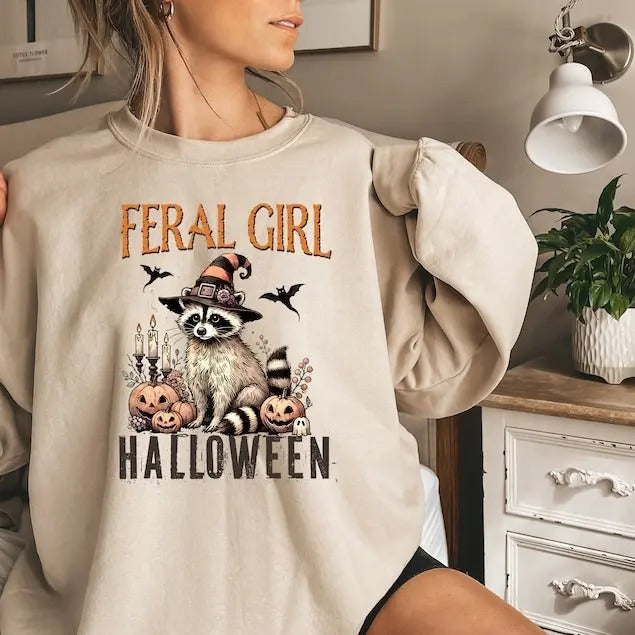 Feral Girl Halloween sweatshirt, Funny Raccoon Shirt, pumpkin shirt, Halloween sweatshirt, Funny Halloween Shirt,...