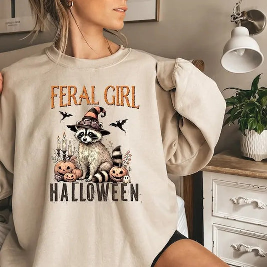 Feral Girl Halloween sweatshirt, Funny Raccoon Shirt, pumpkin shirt, Halloween sweatshirt, Funny Halloween Shirt,...