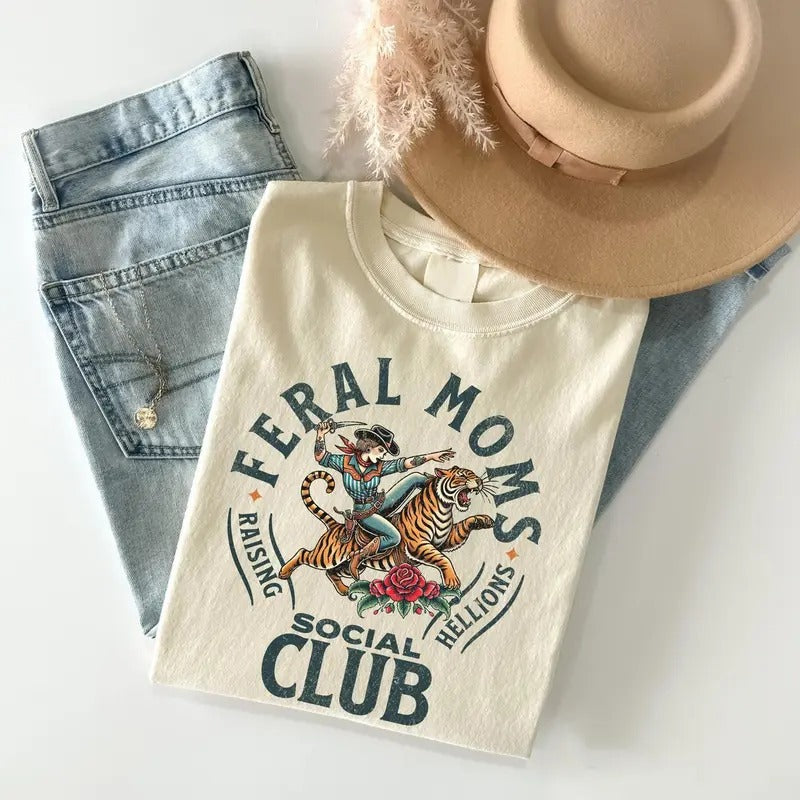 Feral Moms Soc!al Clu.b Shirt, Vintage Graphic Tee, Feral Mom Gift, Somebody's Feral Wife, Mother Life Tshirt, Trendy Mom Apparel, Top Womenswear