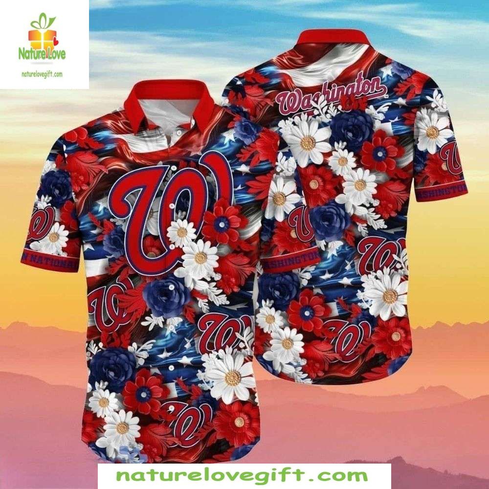Washington Nationals Patriotic Floral Hawaiian Shirt MLB Baseball Apparel
