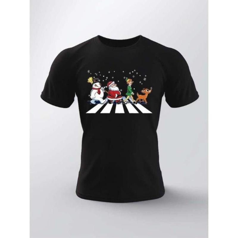 Festive Christmas Santa And Elf Zebra Crossing Graphic Print Tee - T-Shirts For Men - Casual Short Sleeve Summer Shirt With Fun Holiday Design Made In USA
