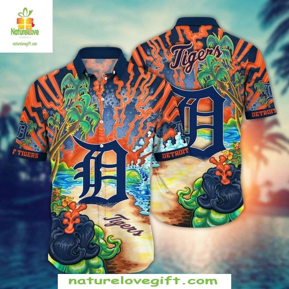 Detroit Tigers Hawaiian Shirt Fiery Waves Palm Tree Stylish Baseball Apparel