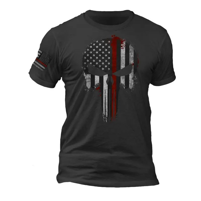 Firefighter Thin Red Line Flag Skull Flag on Sleeve T-Shirt Hoodie, Sweatshirt | InkThreadWorks.com