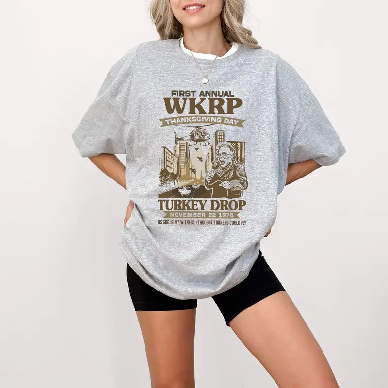 First Annual WKRP Thanksgiving Day Turkey Drop Les Nessman T-Shirt, Funny Thanksgiving Day T-Shirt, Turkey Drop Png, As God Is My Witness, WKRP T-Shirt
