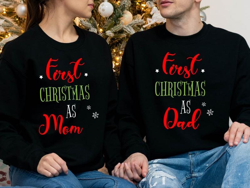 First Christmas As Dad Sweatshirt, 1st Christmas As Mom Hoodie, Matching Xmas Baby Announcement Sweater, New Parents...