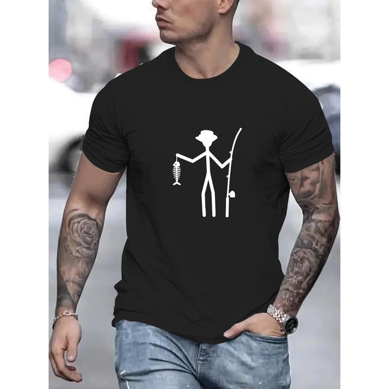 Fishing Print, Men's Round Crew Neck Short Sleeve, Simple Style Tee Fashion Regular Fit T-Shirt, Casual Comfy Breathable...