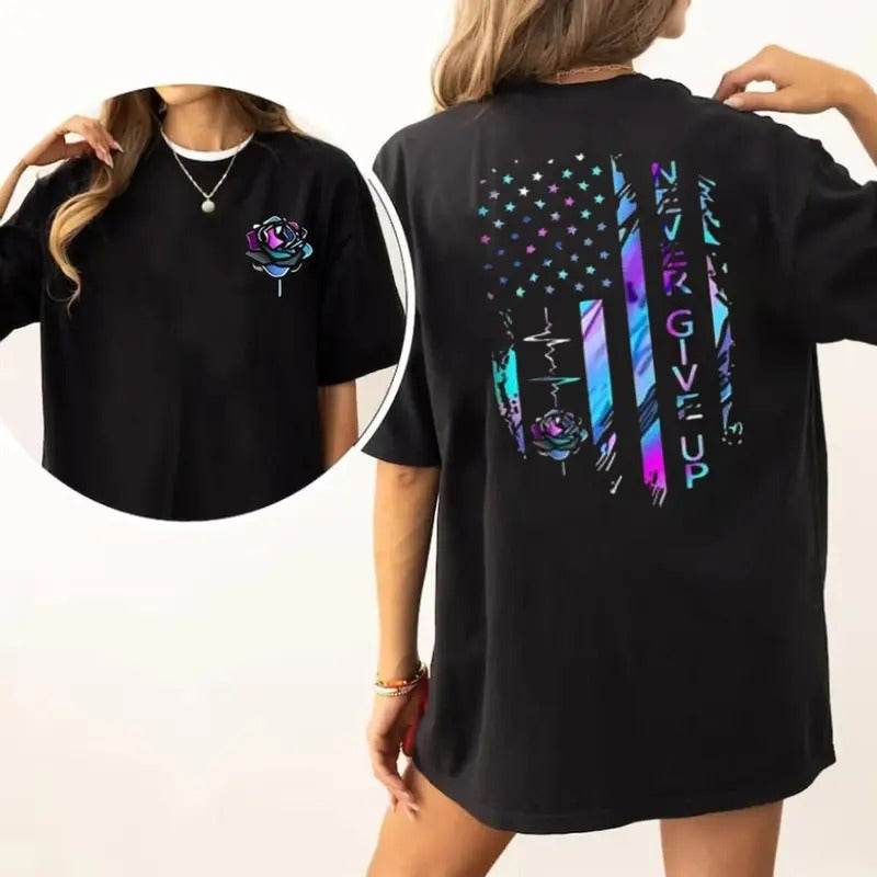 Flag & Letter Print Round Neck Tee, Fashion Floral Printed Crew Neck Short Sleeve T Shirt For Daily Outdoor Wear, Graphic Tee, Unisex Short Sleeve Tee Cotton Women