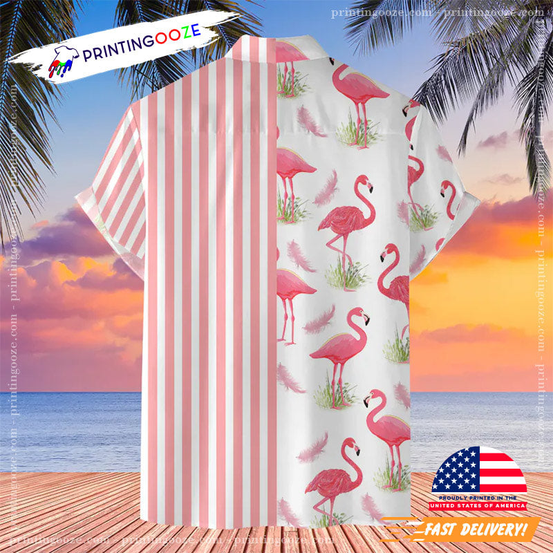 Flamingo Hawaiian Shirt, Pink Stripe Line Flamingo Beach Shirts
