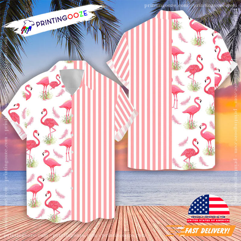 Flamingo Hawaiian Shirt, Pink Stripe Line Flamingo Beach Shirts