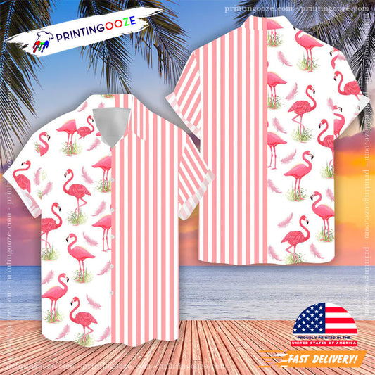 Flamingo Hawaiian Shirt, Pink Stripe Line Flamingo Beach Shirts