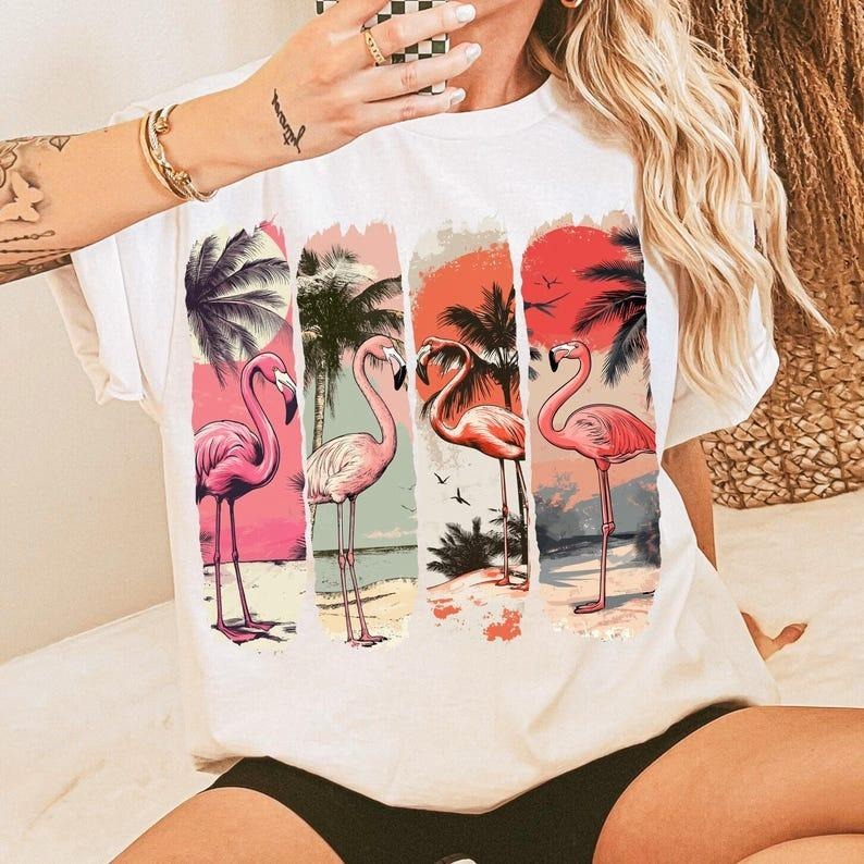 Flamingo Vintage Pink Summer Shirt, Funny Summer Preppy Girly Tee, Flamingo Pink Summer Beach Shirt, Gift For Her Hoodie,...