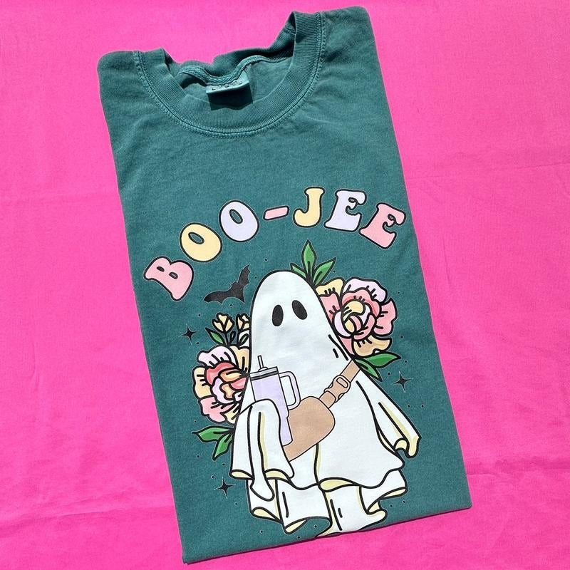 Floral BOO-JEE Ghost Comfort Colors T-Shirt Hoodie, Sweatshirt | InkThreadWorks.com