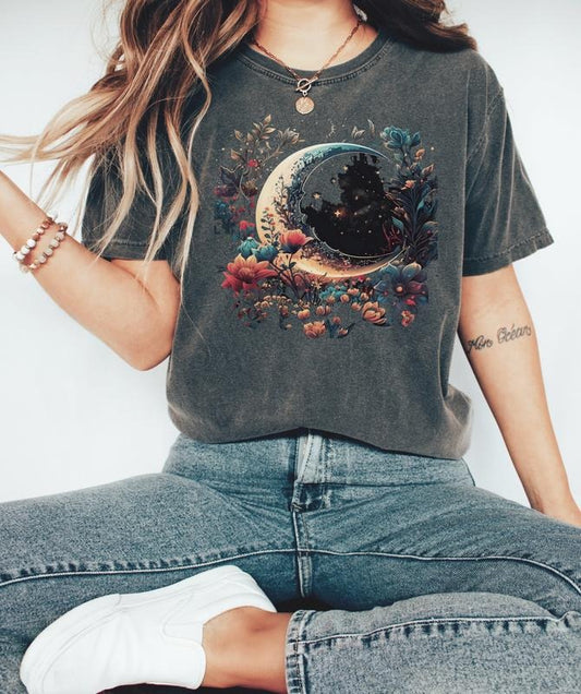 Floral Crescent Moon & Stars T-Shirt, Ladies Crewneck Garden Shirt Hoodie, Sweatshirt | InkThreadWorks.com