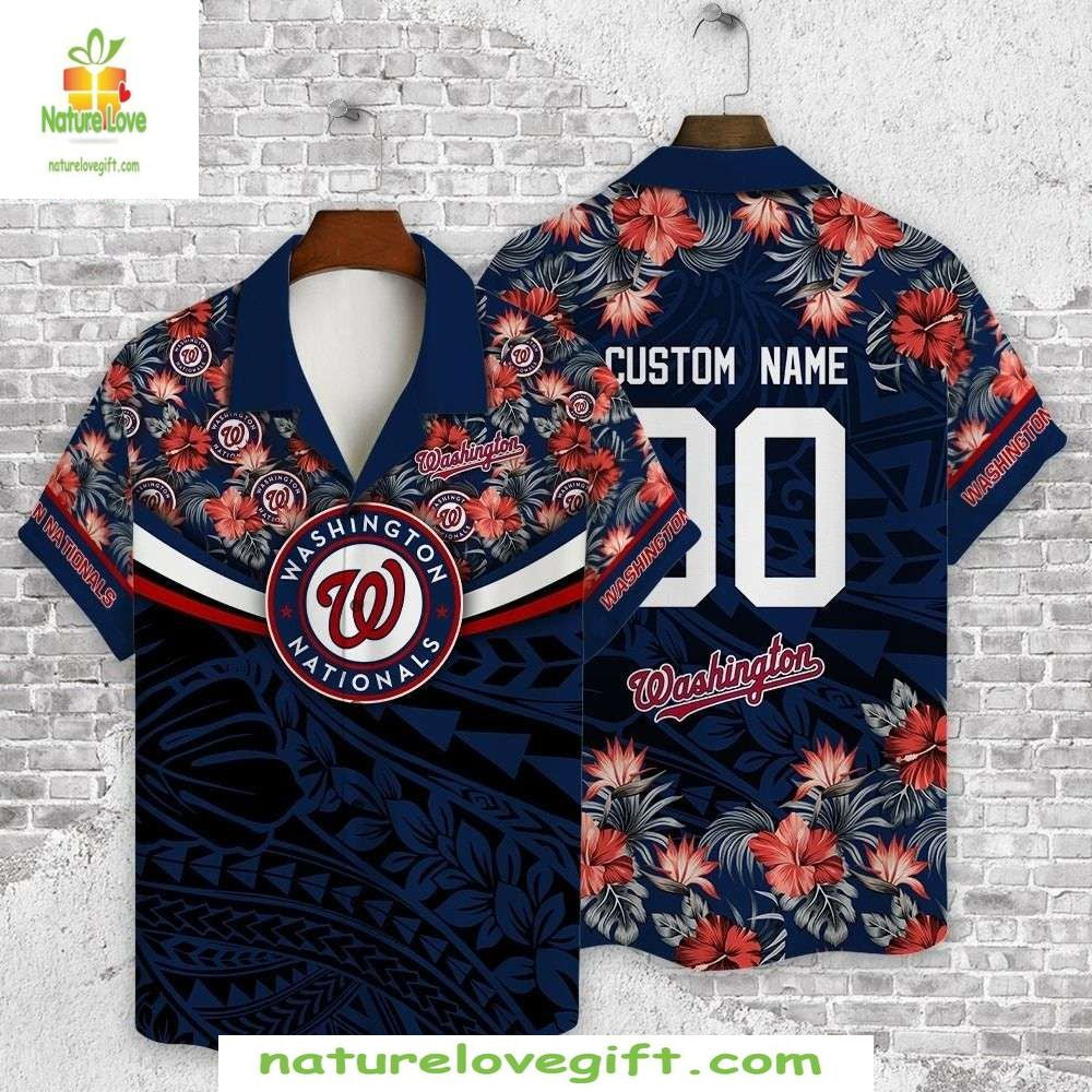Washington Nationals Hawaiian Shirt Floral Fanfare Blue Red MLB Baseball Apparel