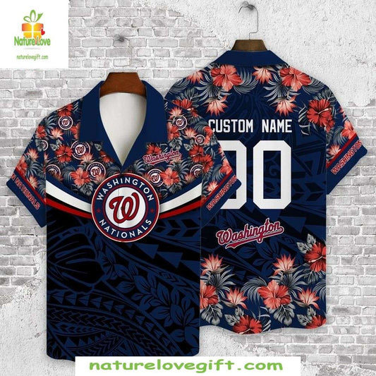 Washington Nationals Hawaiian Shirt Floral Fanfare Blue Red MLB Baseball Apparel