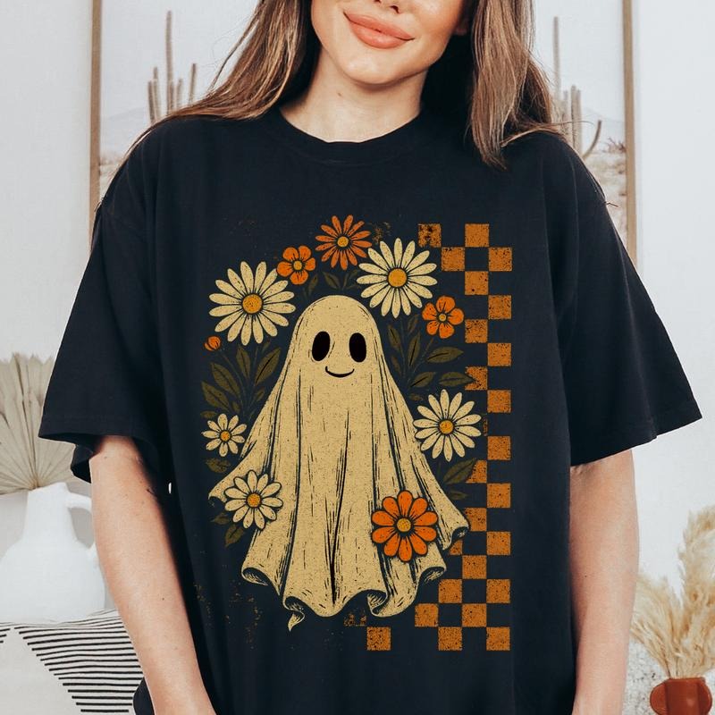 Floral Ghost Halloween Shirt Unisex Relaxed Fit Printed in USA Casual Comfort Cotton Top Athletic Boho Chic All Seasons...