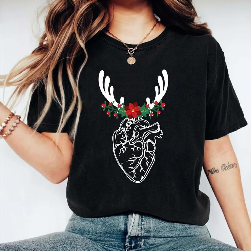 Floral Heart Anatomy Shirt, Nurse Christmas T-Shirt, Reindeer Human Heart Tee, CVICU Cardiac Nurse Xmas Gift Tee,...