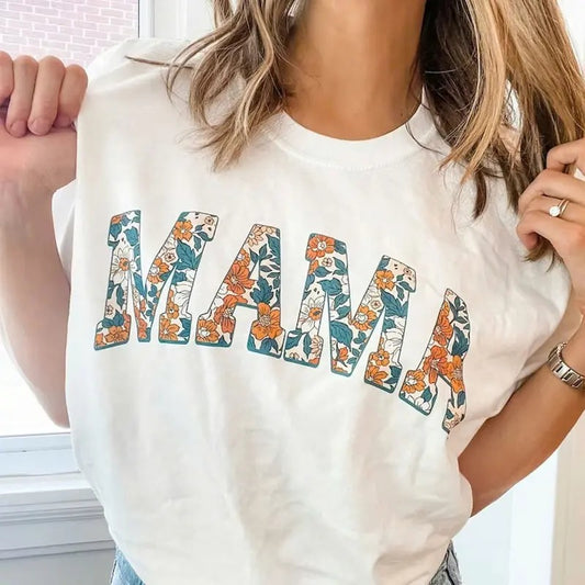 Floral MAMA Graphic Art T-Shirt, Summer MAMA Crewneck Tee, Gift for Mom Cotton Fabric Fit