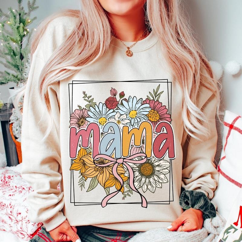 Floral Mama Coquette Bow Crewneck Sweatshirt, Mothers Day Gift, Mama Varsity Spring Floral Shirt, Pink Preppy Mama Tee Hoodie