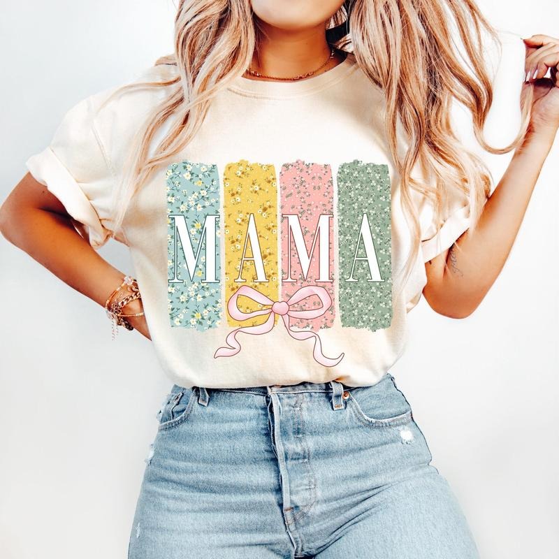 Floral Mama Coquette Bow T-Shirt, Mama T-Shirt, Mothers Day T-Shirt, Mama Varsity T-Shirt, Floral Spring T-Shirt, Gift...