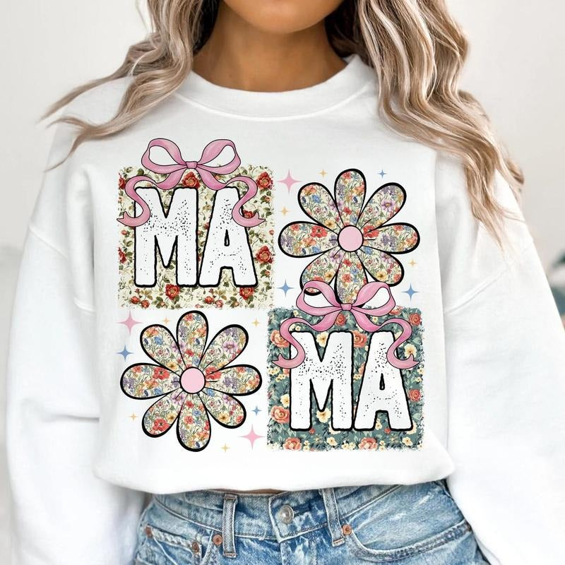 Floral Mama Coquette Bow Tee, Retro Mama Flower Shirt, Mama Groovy, Preppy Shirt, Mothers Day Gift Hoodie, Sweatshirt