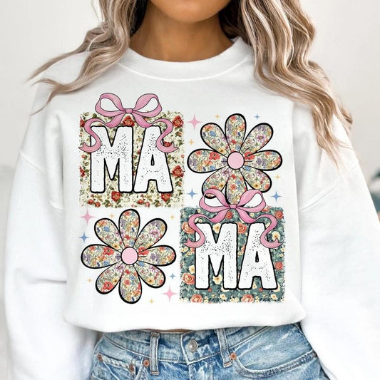 Floral Mama Coquette Bow Tee, Retro Mama Flower Shirt, Mama Groovy, Preppy Shirt, Mothers Day Gift Hoodie, Sweatshirt