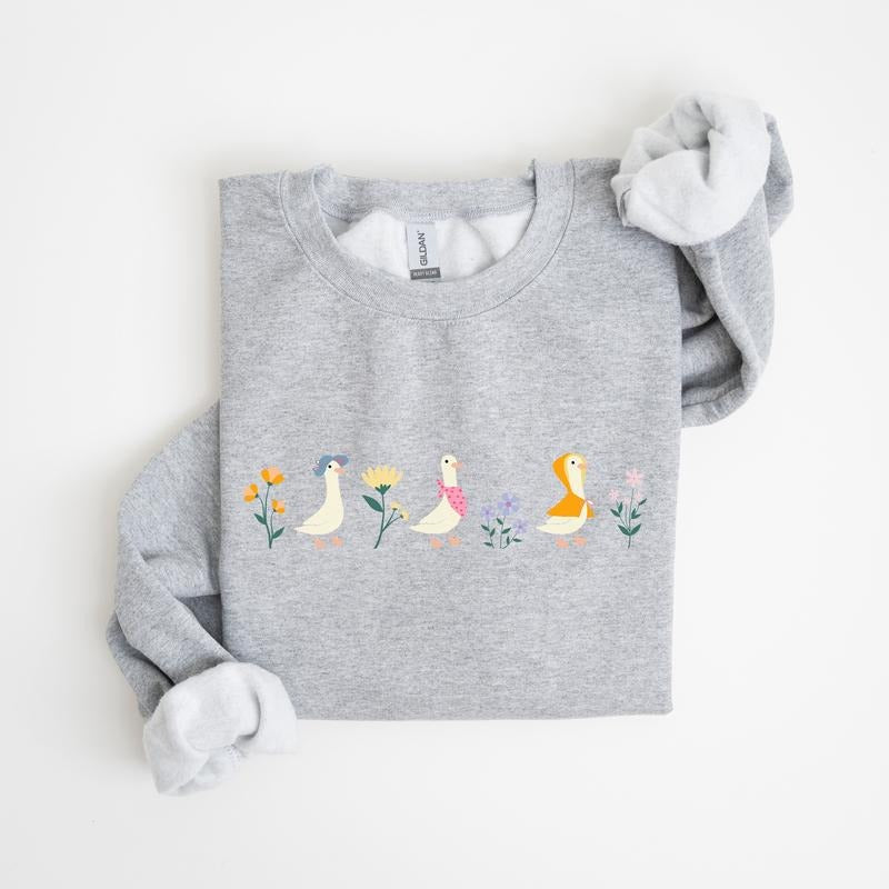 Floral Print Goose Crewneck, Bunny Easter Sweatshirt, Cute Spring Clothes Women, 2025 Easter Pastel Work Clothes Women, Cuteshirt Spring Tops Easter Tee