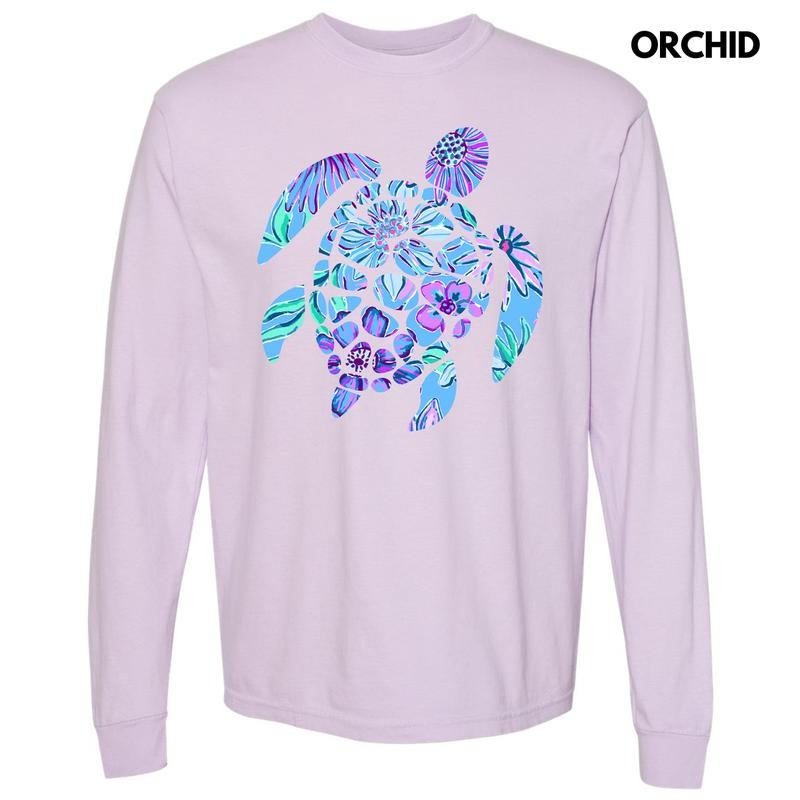 Floral Sea Turtle Long Sleeve Comfort Colors T-Shirt 'NLB' Hoodie, Sweatshirt | InkThreadWorks.com