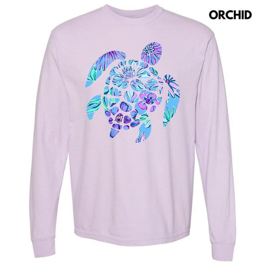 Floral Sea Turtle Long Sleeve Comfort Colors T-Shirt 'NLB' Hoodie, Sweatshirt | InkThreadWorks.com