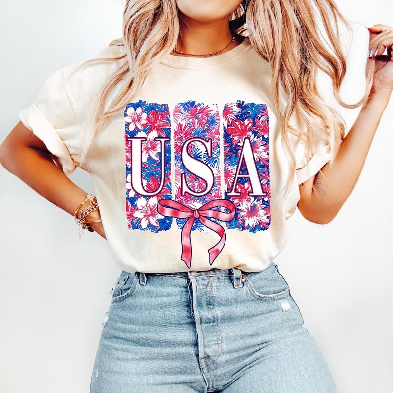 Floral USA Coquette T-Shirt, America Brushstroke T-Shirt, Memorial Day T-Shirt, 4th of July T-Shirt, Preppy America...