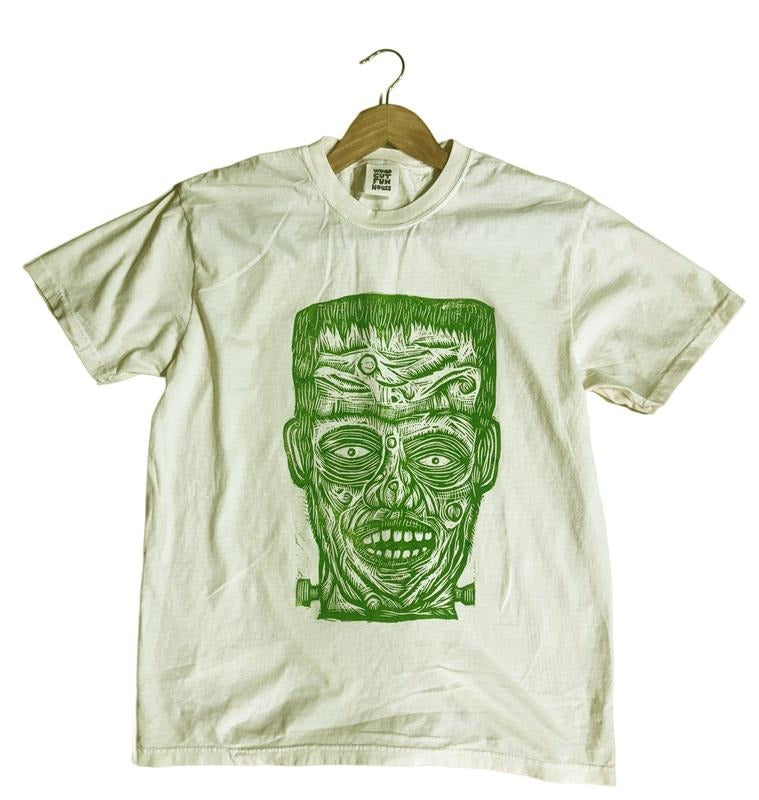 Frankenstein Hand printed  Woodcut T Shirt Menswear Cotton Top Streetwear Casual Hoodie, Sweatshirt | InkThreadWorks.com
