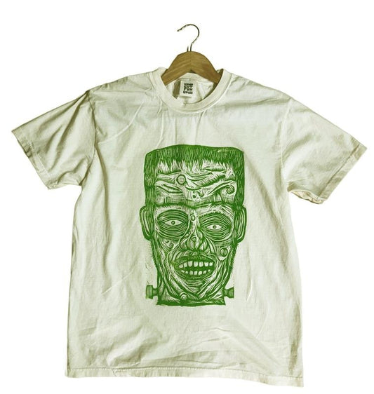 Frankenstein Hand printed  Woodcut T Shirt Menswear Cotton Top Streetwear Casual Hoodie, Sweatshirt | InkThreadWorks.com