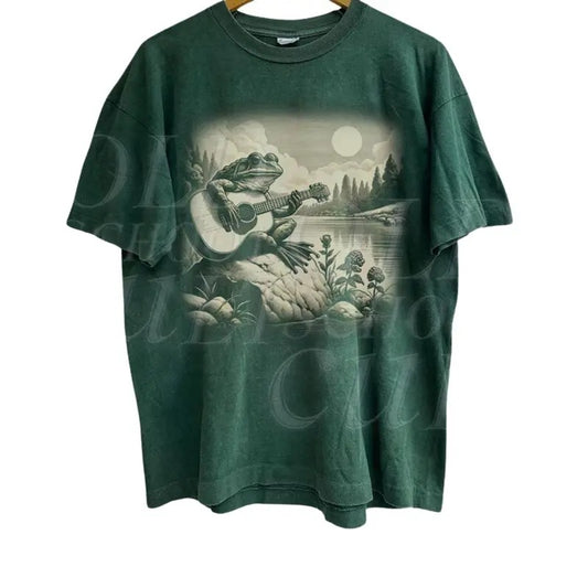 Frog Playing Guitar Vintage 90s Graphic Shirt, Frog Toad Guitar Lovers Tee, Wild Free, Frog Musician Washed Tee, Music Lovers Gift