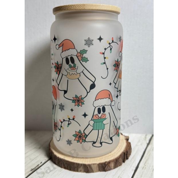 Frosted Glass Can Cup with Bamboo Lid & Straw | Christmas Ghosts & Holiday Lights | 16oz Spooky Holiday Tumbler T-Shirts,...