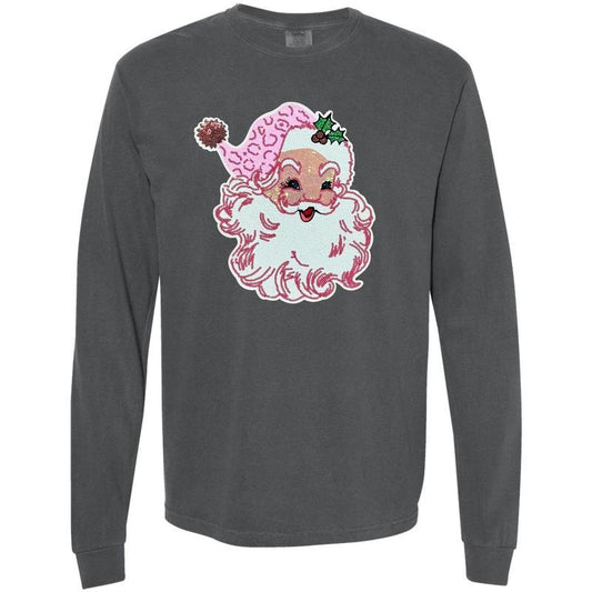 Full Sequin Blushing Santa Patch Long Sleeve Comfort Colors T-Shirt Hoodie, Sweatshirt | InkThreadWorks.com