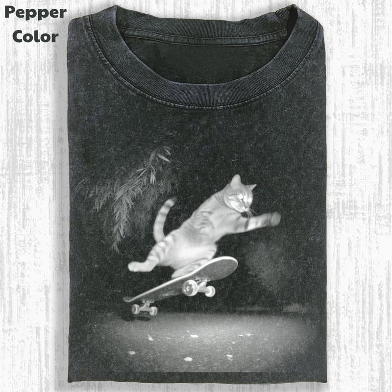 Funny Animal Vintage Graphic Tee, Skate Cat T-Shirt, Cat Shirt, Unisex Meme Cringe Funny Shirt, Menswear Womenswear...