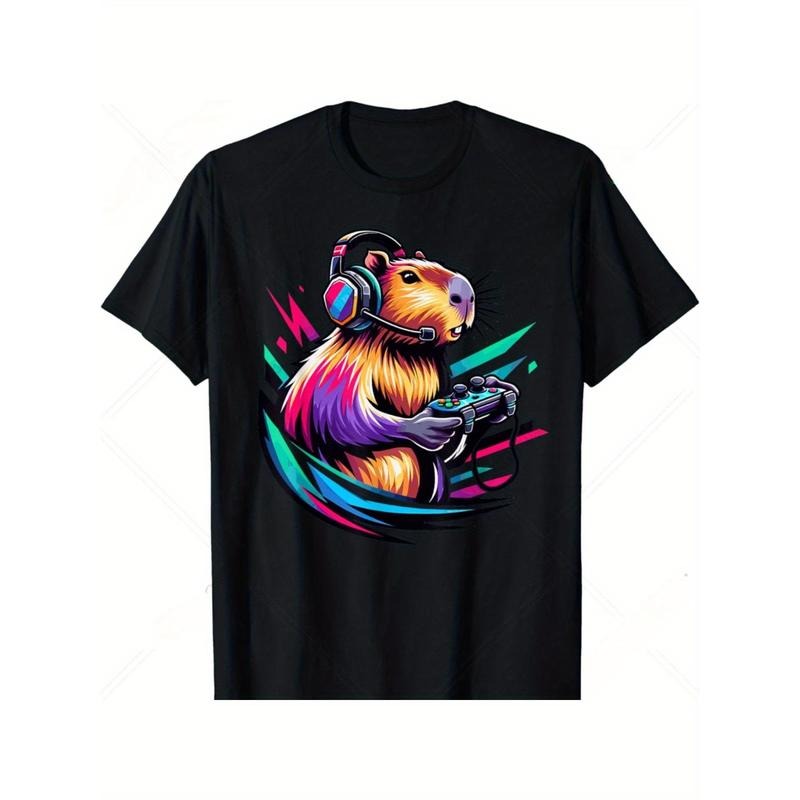 Funny Capybara Rodent Gamer Tee - Men's Cotton T-Shirt for Video Games Lovers - Unique Gift for Boys and Teens - Humorous Graphic Print - Short Sleeve - Casual Wear - Relaxed Fit Made in USA