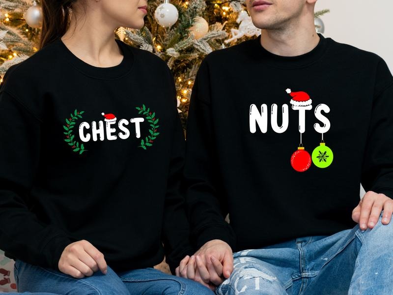 Funny Christmas 2023 Couples Sweatshirt, Chest And Nuts Christmas Sweater, Matching Parents X-mas Party Hoodie, His and...