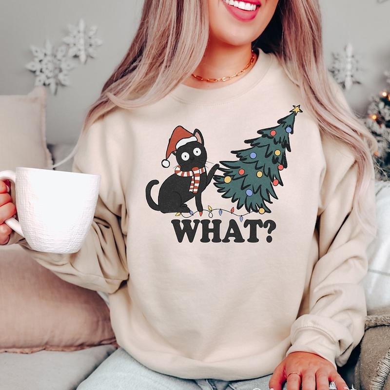 Funny Christmas Cat Crewneck Sweatshirt, Hoodie, T-shirt | InkThreadWorks.com